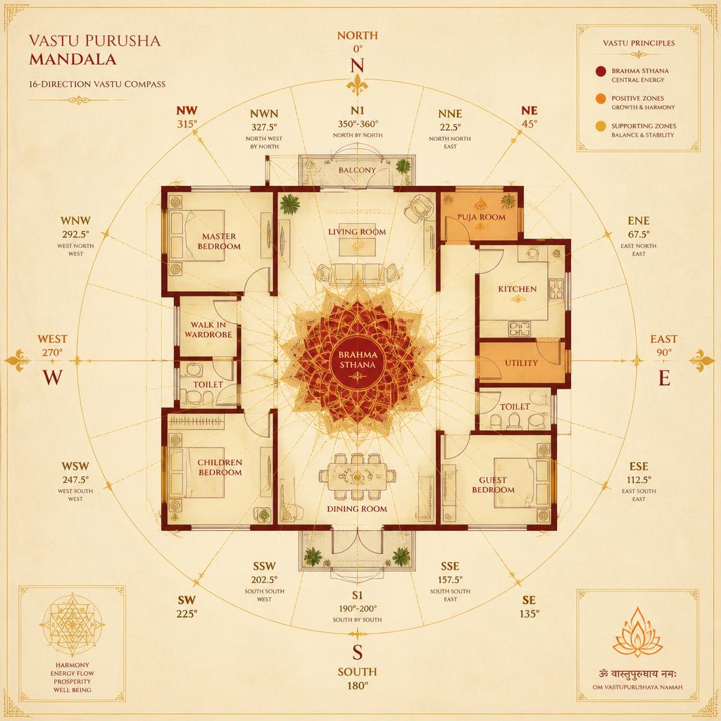 16 directional Vastu compass mandala over a home floor plan